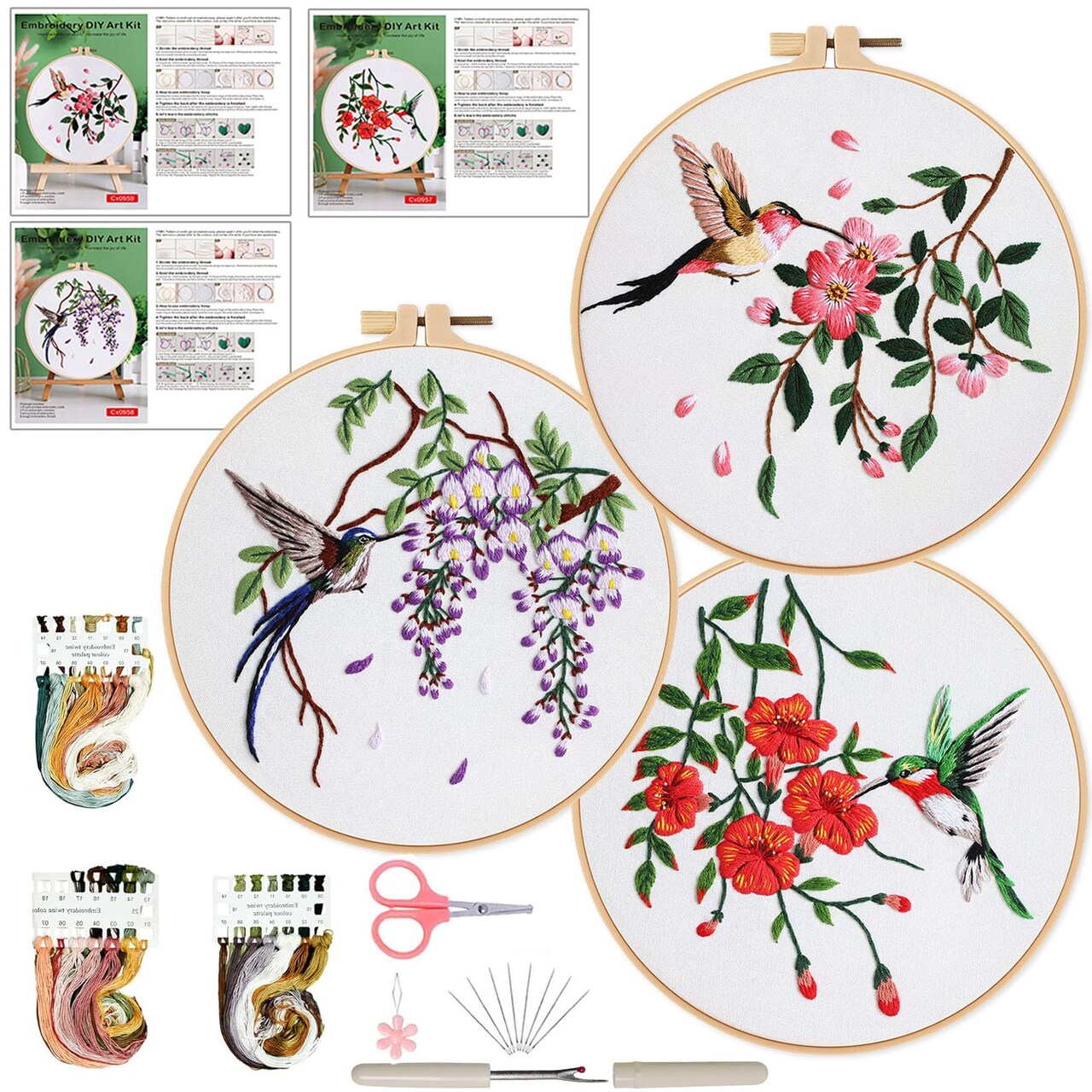 3 Sets Hummingbird Embroidery Kit for Beginners Needlepoint Kits for Adults Cross Stitch Kits with Clear Instructions,Easy Funny Stamped Bird Patterns Fabric Hand Crafts